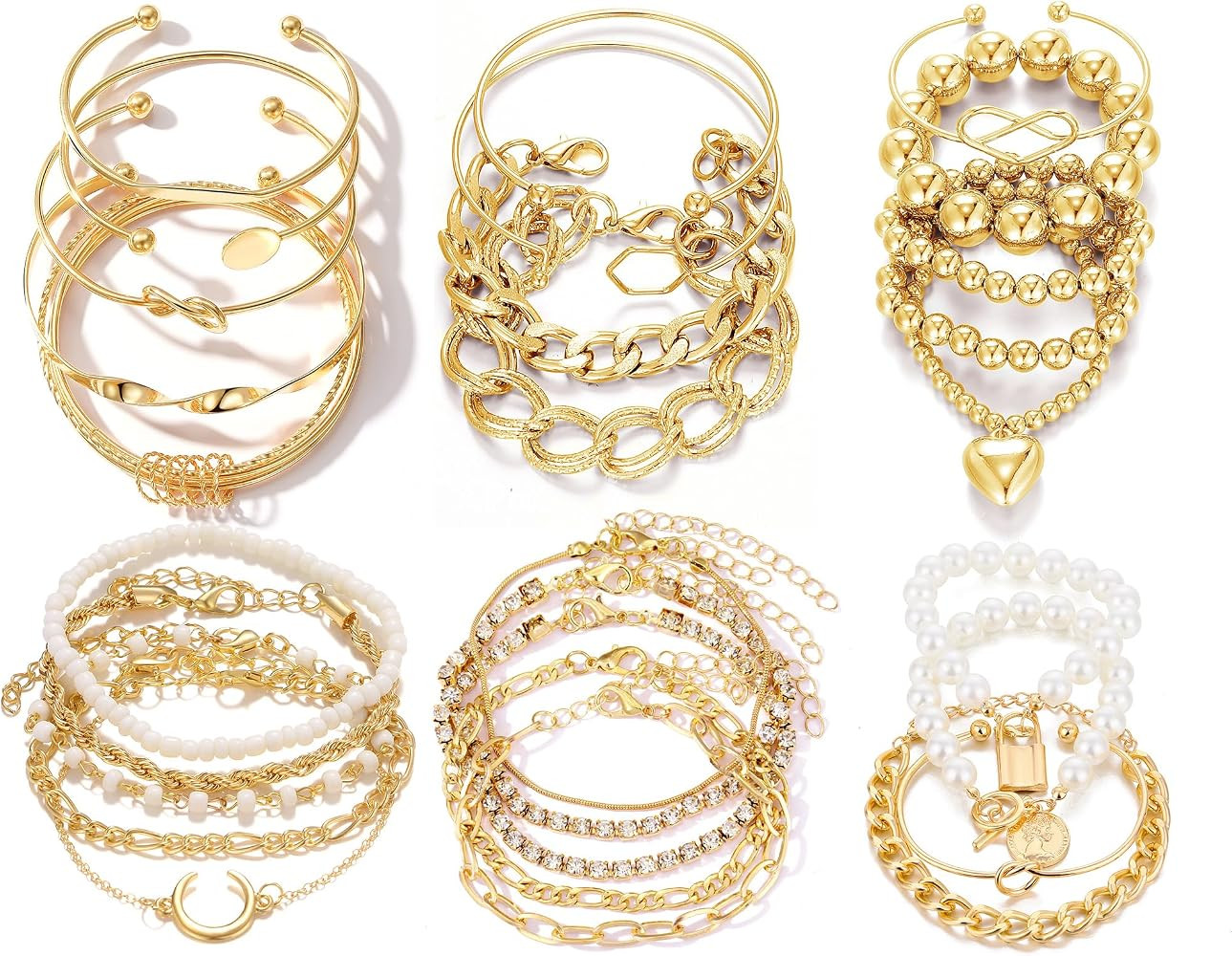 IFKM 6 PACK (24 PCS) Boho Gold Chain Bracelets Set for Women, 14K Gold Plated Multiple Layered St... | Amazon (US)