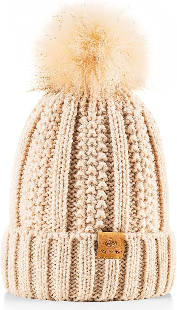 PAGE ONE Womens Winter Thick Cable Knit Beanie Faux Fur Pom Hat Fleece Lined Skull Cap | Amazon (US)