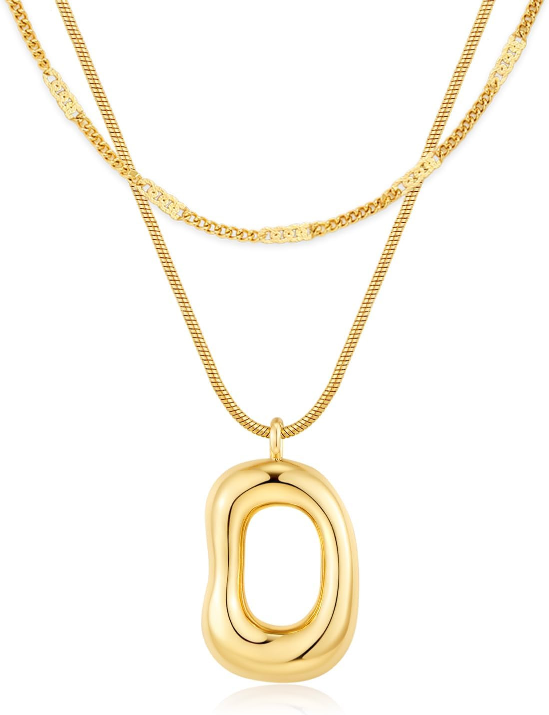Gold Tone Irregular Oval Pendant Necklace for Women, Minimalist Chunky Snake Chain Necklace, Dainty 14K Gold Plated Statement Long Necklace | Amazon (US)