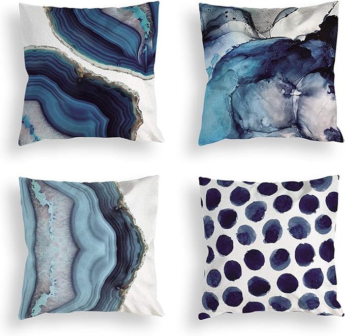 OATHENE Set of 4 Decorative Throw Pillow Covers,Navy Blue Marble Dots Sea Texture Linen Cushion S... | Amazon (US)