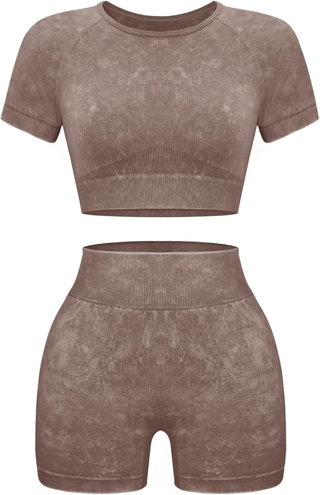 OLCHEE Womens Workout Sets 2 Piece - Seamless Acid Wash Yoga Outfits Shorts and Crop Top Matching... | Amazon (US)