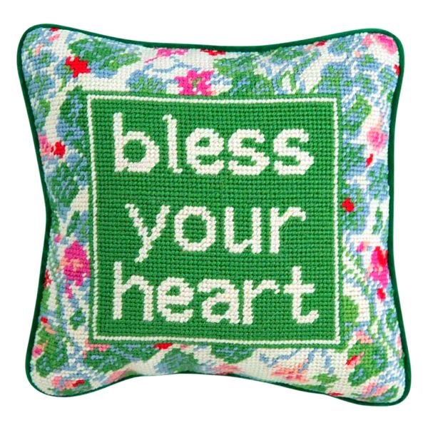 Needlepoint Bless Your Heart Pillow with Velvet Back | James Ascher