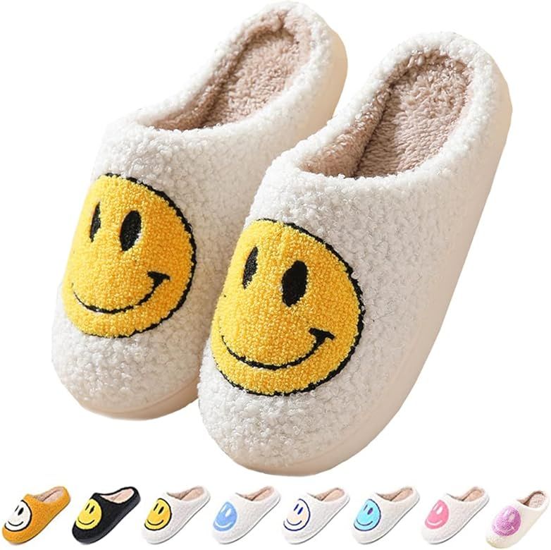 Smiley Face Slippers,Retro Soft Plush Fluffy Warm House Slippers Non-Slip Couple Style Casual Hom... | Amazon (US)