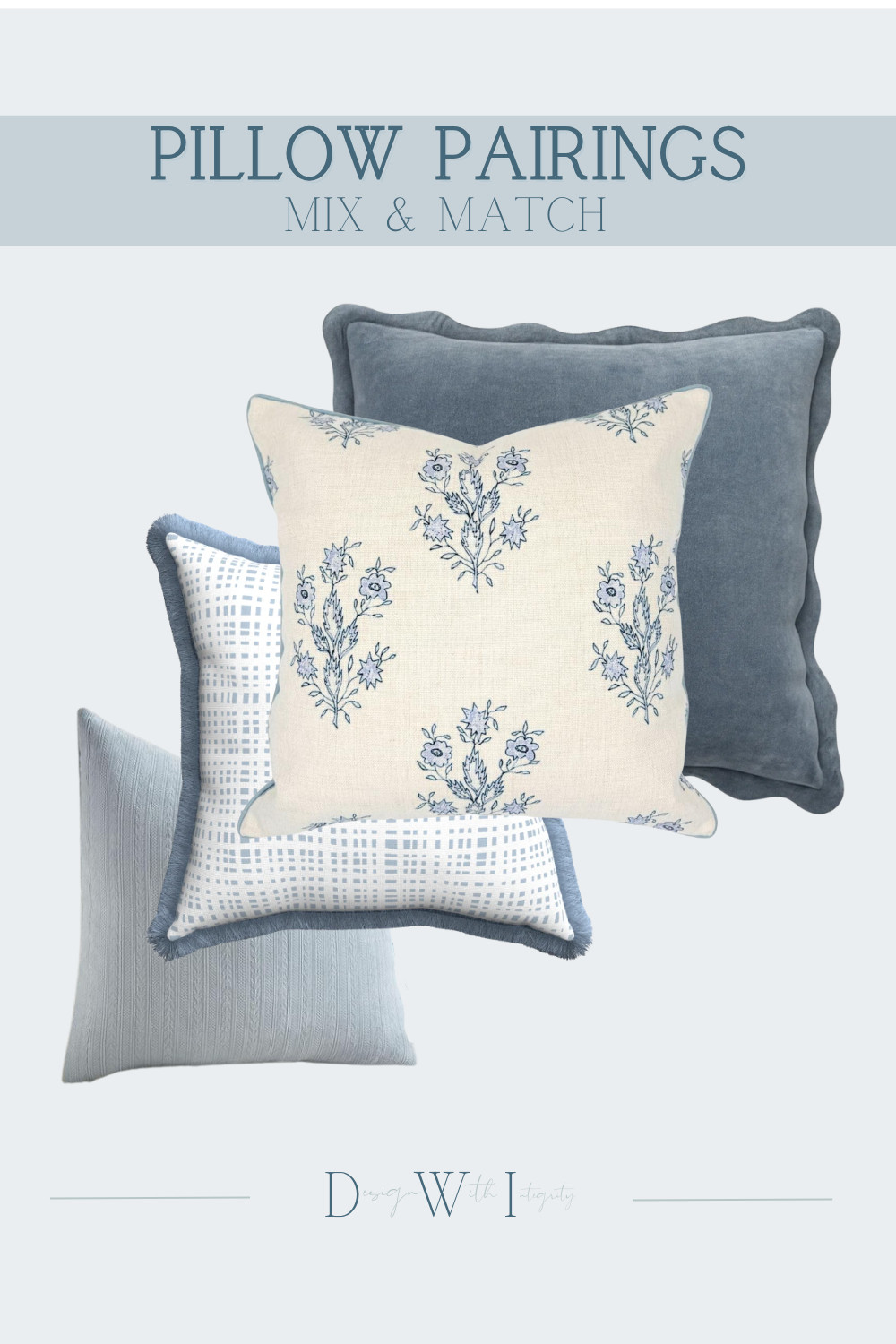 This pillow pairing is a lesson in tonal layering done right. Soft chambray blues and warm ivory create a calming foundation, while the botanical print introduces organic movement and subtle contrast. A structured grid pattern adds rhythm, and the scalloped velvet brings depth and a tailored finish.

The composition works because of intentional variation in scale and texture. A larger floral serves as the focal point, the mid scale geometric provides structure, and plush velvet anchors the arrangement with richness. The mix of linen, woven texture, and velvet keeps the look elevated and collected rather than flat.

Shop the curated pairing to bring layered blue sophistication into your living room or bedroom.

#PillowPairings #BlueAndNeutral #LayeredInteriors #InteriorStyling #TransitionalHome 

 #LTKselfcare #LTKHome