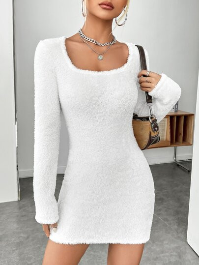 SHEIN EZwear Scoop Neck Fluffy Knit Bodycon Dress | SHEIN