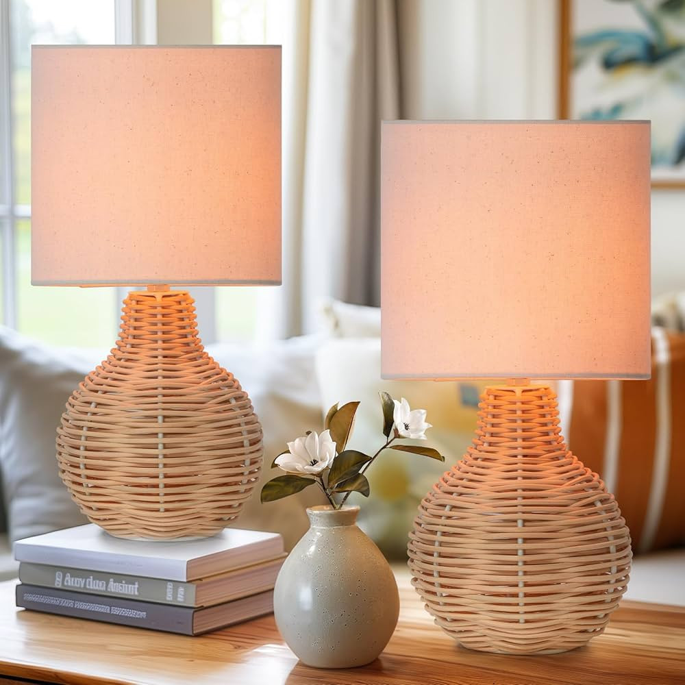 Rattan Table Lamp, Vintage Wicker Wooden Nightstand Lamp Set of 2, Boho Bamboo Woven End Table La... | Amazon (US)
