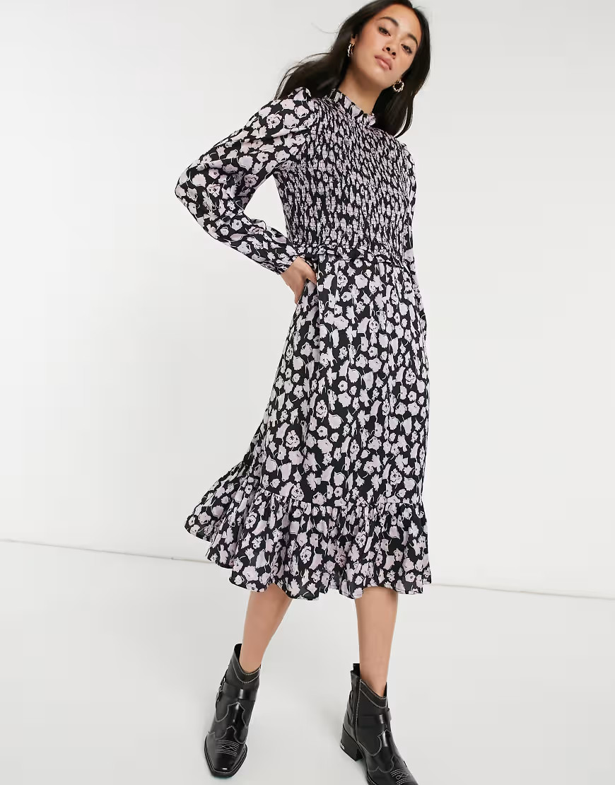 Vero Moda midi smock dress with shirred detail in black and lilac floral-Multi | ASOS (Global)
