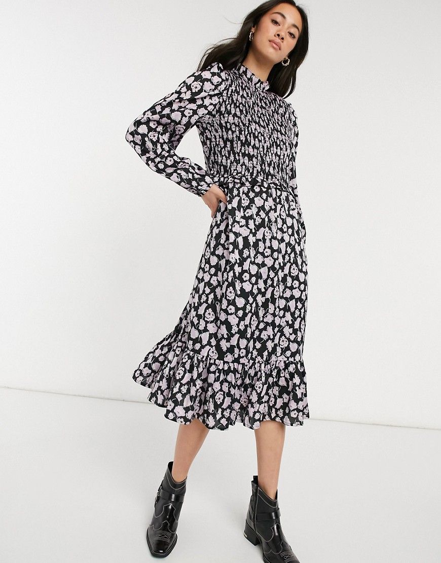 Vero Moda midi smock dress with shirred detail in black and lilac floral-Multi | ASOS (Global)