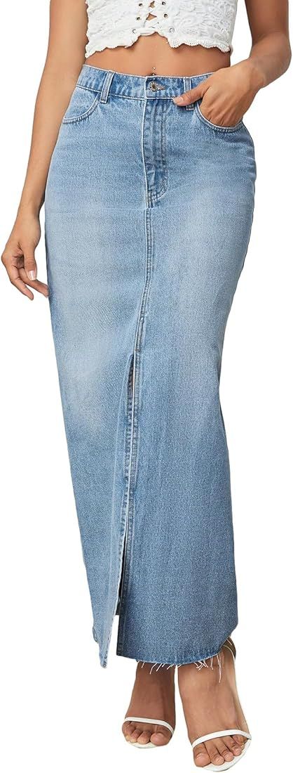 Women's Split Thigh High Waist Bodycon Maxi Denim Skirt | Amazon (US)