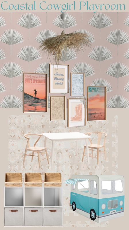 Coastal cowgirl girls playroom inspo 🤠 palm wallpaper, wishbone chair, surf decor, storage , toy storage, pop up tent 

#LTKhome #LTKkids #LTKfamily