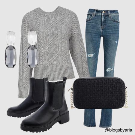 Casual winter outfit with a gray cableknit sweater that has a ribbon tie on the back paired with mid rise skinny jeans lug boots #winteroutfit #casualoutfit #casualstyle #sweater #camerabag #ltkshoecrush #chelseaboots 

#LTKSeasonal #LTKitbag #LTKstyletip