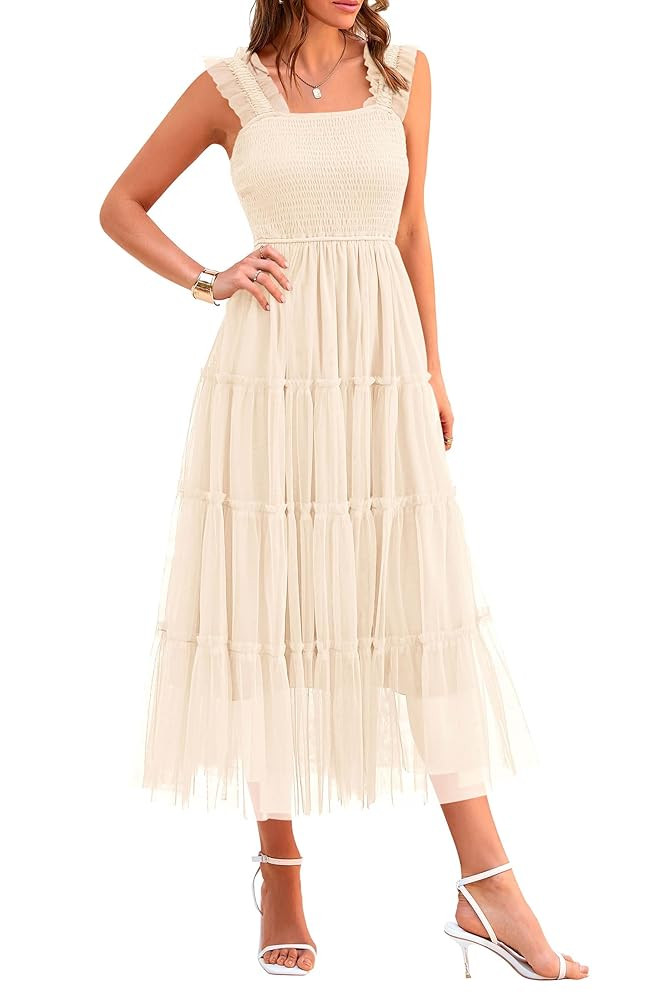 PRETTYGARDEN Women's Summer Tulle Midi Dress Sleeveless Smocked Ruffle Mesh Flowy Dresses Party W... | Amazon (US)