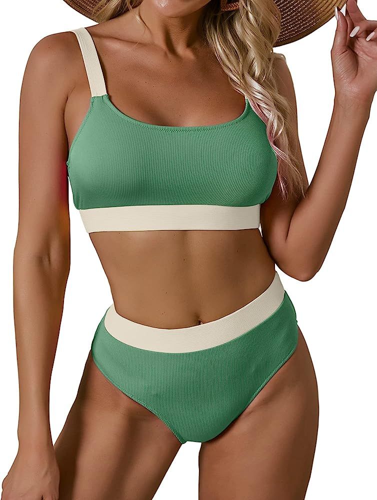 Women Sports High Waisted Swimsuits Two Piece Scoop Neck Crop Top Bikini Cheeky High Cut Ribbed Colo | Amazon (US)