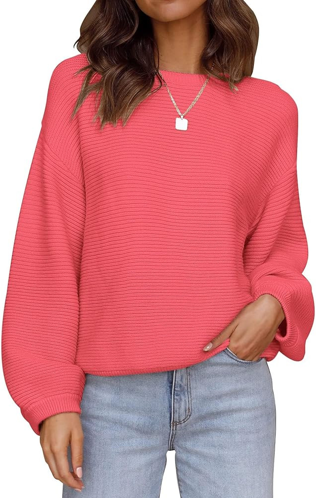 ZESICA Women's 2024 Crew Neck Long Lantern Sleeve Casual Loose Ribbed Knit Solid Soft Pullover Sw... | Amazon (US)
