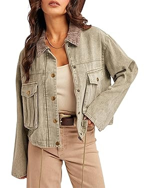 Esmeling Women Contrast Button Down Jacket Lapel Collar Long Sleeve Outwear Cropped Coat with Poc... | Amazon (US)