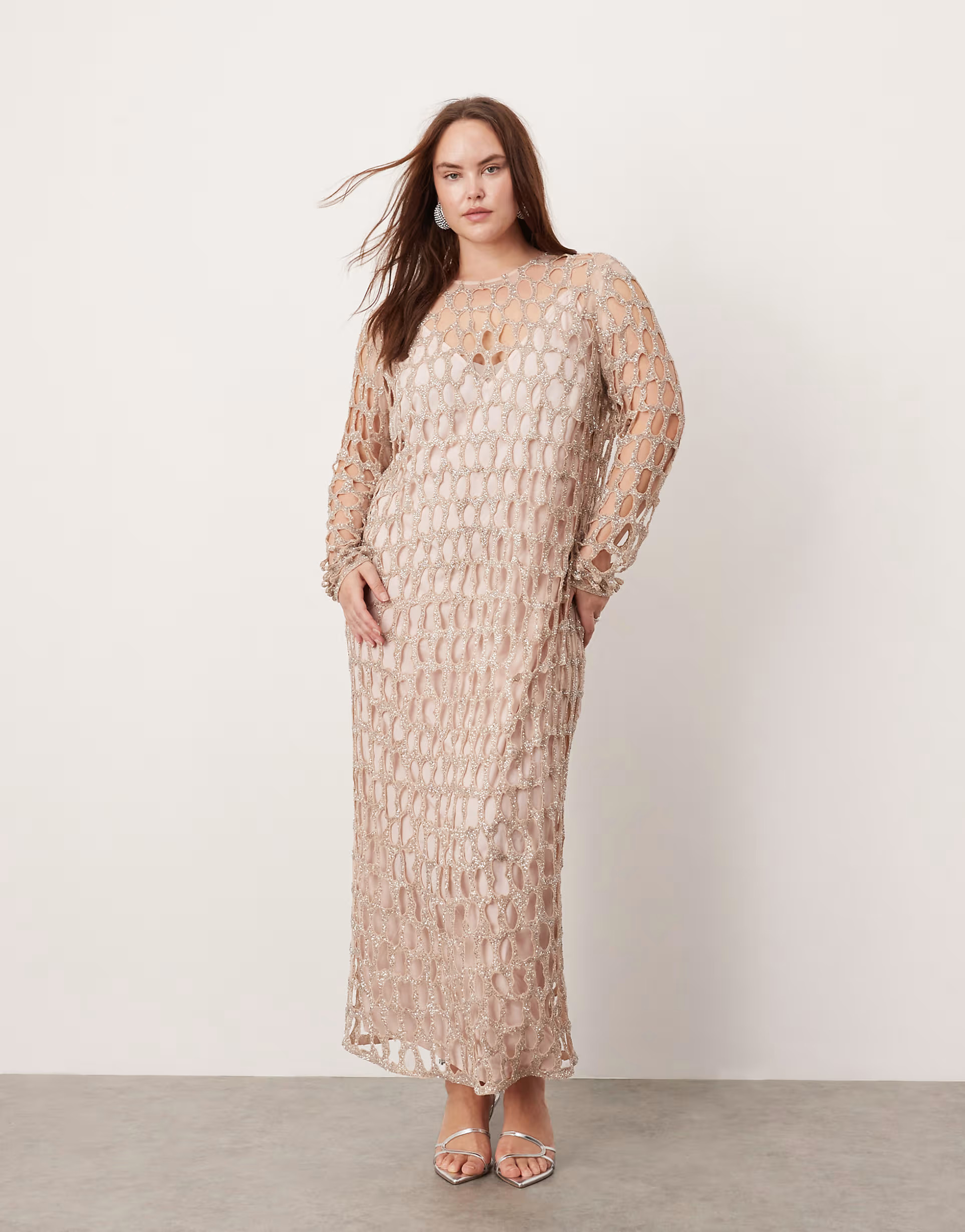 ASOS EDITION Curve embellished circle cut work midaxi dress in silver | ASOS (Global)
