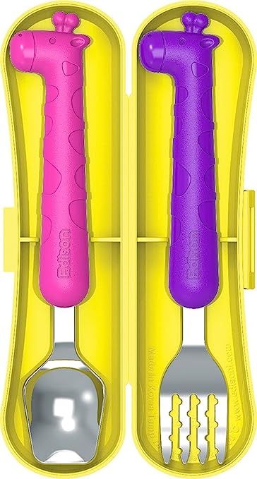 Edison Baby Flat Edge Spoon & Grooved Fork Set with Case (Baby, Giraffe Pink/Purple Set) | Amazon (US)