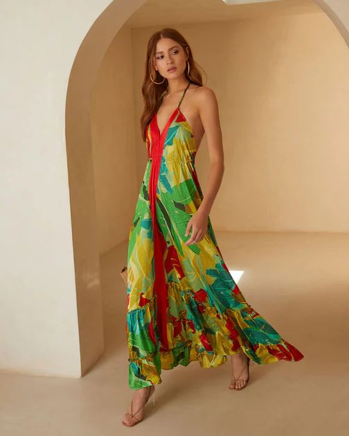 Mikayla Satin Open Back Maxi Dress - Tropical Green | VICI Collection