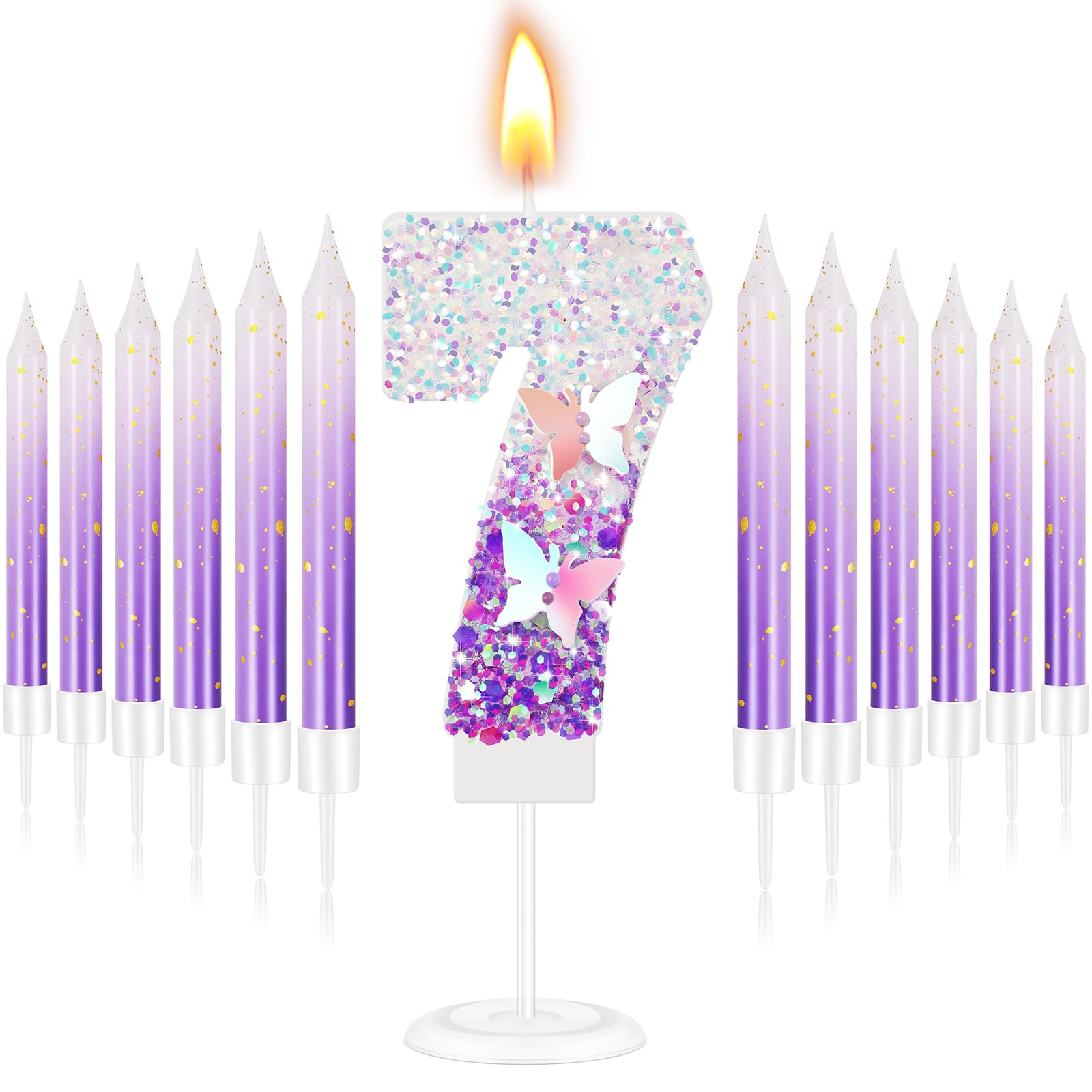 Amylove Number 7 Birthday Candle Purple Butterfly for Cake with 6 Long Thin Cupcake Candles Girls... | Amazon (US)
