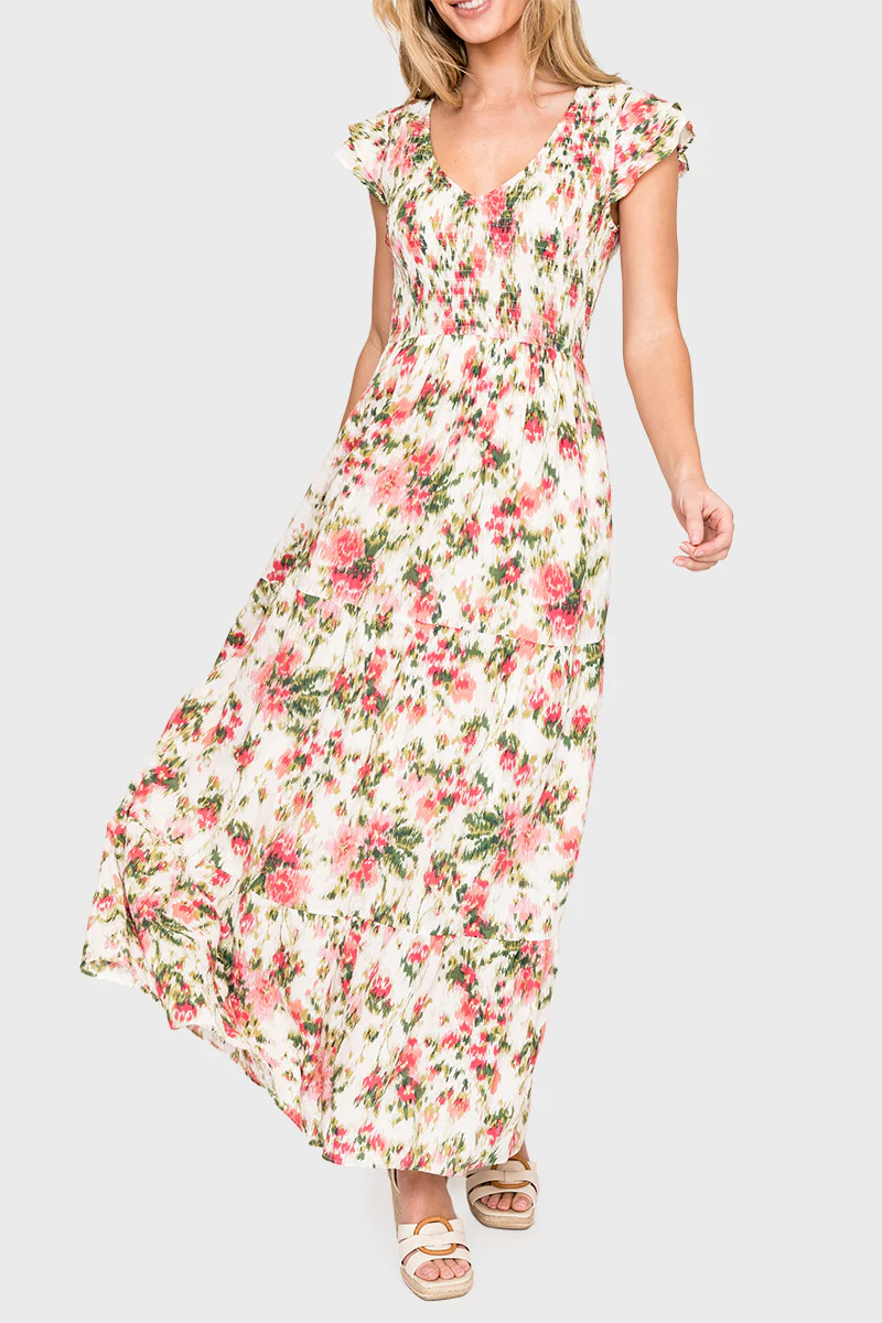 Flutter Sleeve Smocked V-Neck Tiered Maxi Dress | Gibson