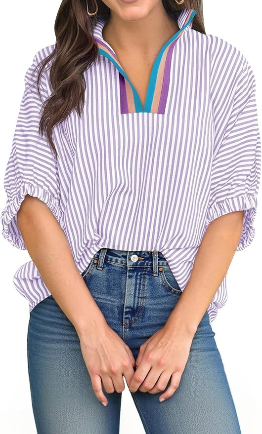 Tankaneo Womens V Neck Striped Blouse Oversized Dolman Sleeve Tops Summer Casual Loose Fit Polo S... | Amazon (US)