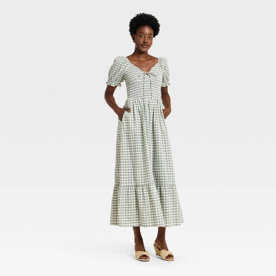 Women's Western Puff Short Sleeve Smocked Midi A-Line Dress - Universal Thread™ Green Gingham S | Target