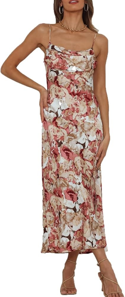 Satin Silk Slip Maxi Dress for Wedding Guest Women- Cowl Neck Pleated Bust Split Wedding Guest Cockt | Amazon (US)