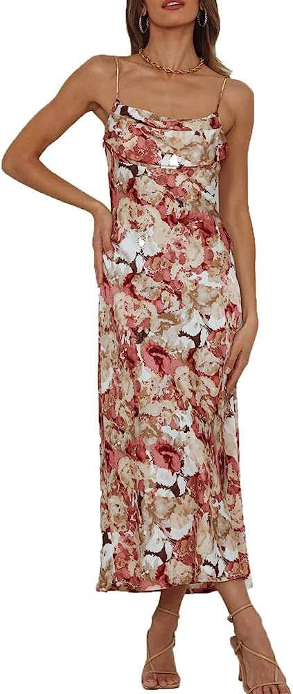 Satin Silk Slip Maxi Dress for Wedding Guest Women- Cowl Neck Pleated Bust Split Wedding Guest Cockt | Amazon (US)