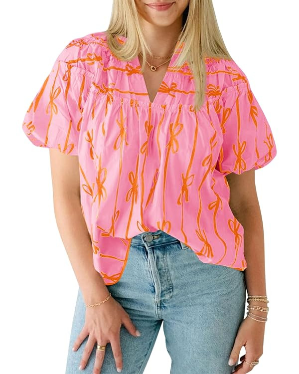 Cicy Bell Womens Summer Babydoll Tops Short Lantern Sleeve Bow Print Blouse V Neck Pleated Casual... | Amazon (US)