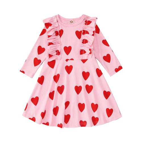IZYJOY Little Girls Valentines Dress Toddler Baby Girls Ribbed Love Heart Ruffle Dresses Long Sleeve Spring Outfit(Pink,6-7Years) | Amazon (US)