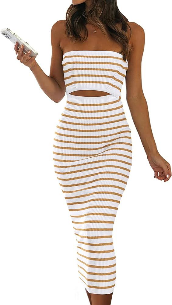 PRETTYGARDEN Women's Summer Midi Bodycon Dress Strapless Cut Out Knit Tube Long Fitted Dresses | Amazon (US)