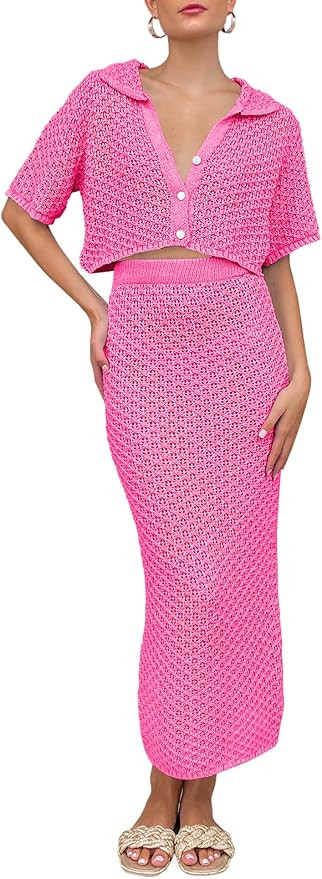 Saodimallsu Women Crochet Beach Cover Up Set Knit Crop Button Short Sleeve Collar Top Bodycon Lon... | Amazon (US)