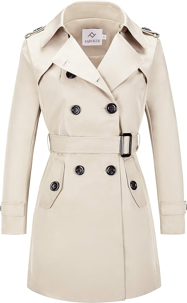 FARVALUE Women's Double Breasted Trench Coat Water Resistant Classic Belted Lapel Overcoat | Amazon (US)