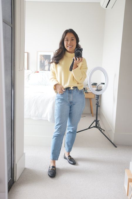 Size XS in my yellow high neck knit, size 75 in the celine triomphe belt, size 26 in the petite jeans and I have reviews of my Gucci loafers on whatveewore.com

#LTKunder50 #LTKsalealert #LTKeurope