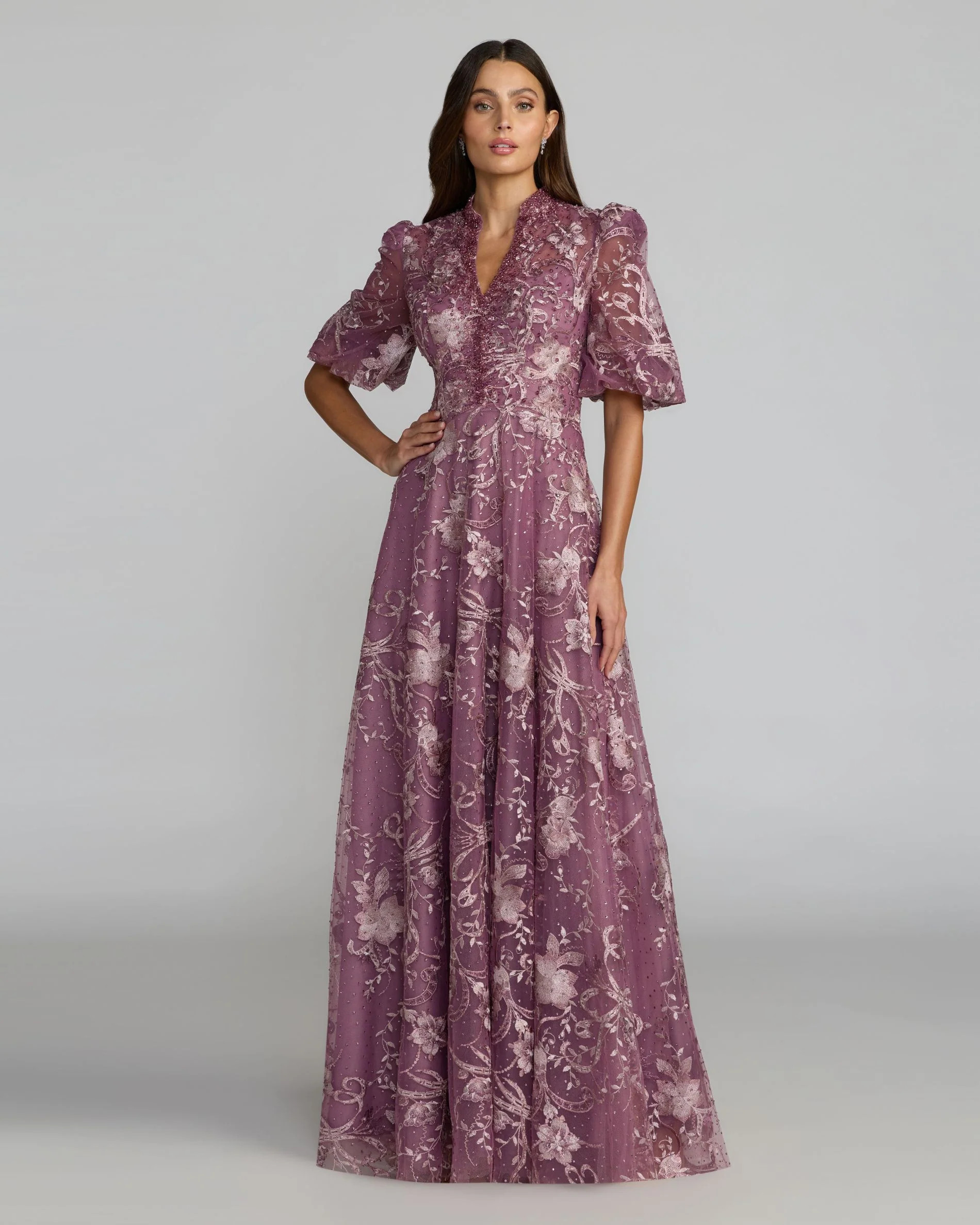Purple Queen Anne Puff Sleeve Embroidered A-Line Gown | Mac Duggal | Mac Duggal