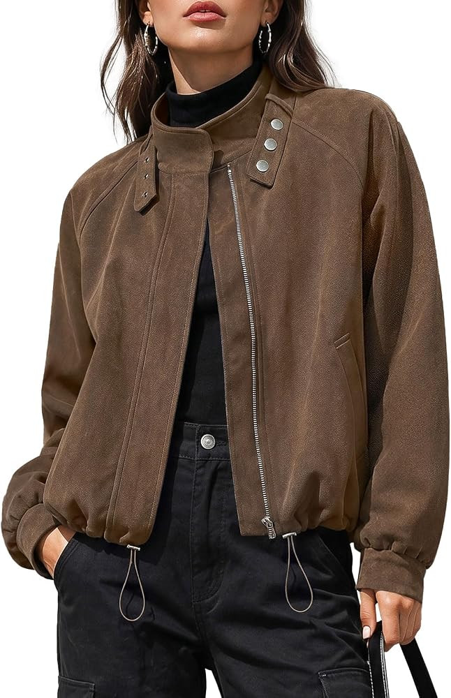 SAUKOLE Women's Faux Suede Bomber Jacket Stand Collar Neck Cropped Shacket | Amazon (US)