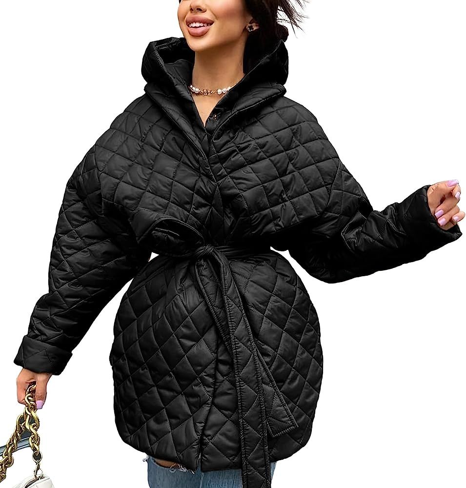 BTFBM Women Button Down Quilted Jacket Coat Winter Fashion Belted Removable Padded Hood Puffer Outer | Amazon (US)