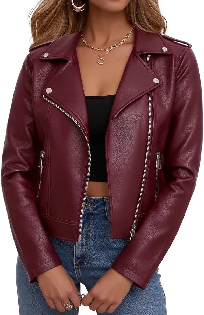 Ommiivex Women Leather Jacket Faux Cropped Coat Cute Short Zip Up for Casual Rock Concert Game Day Edgy Vintage Outfit | Amazon (US)