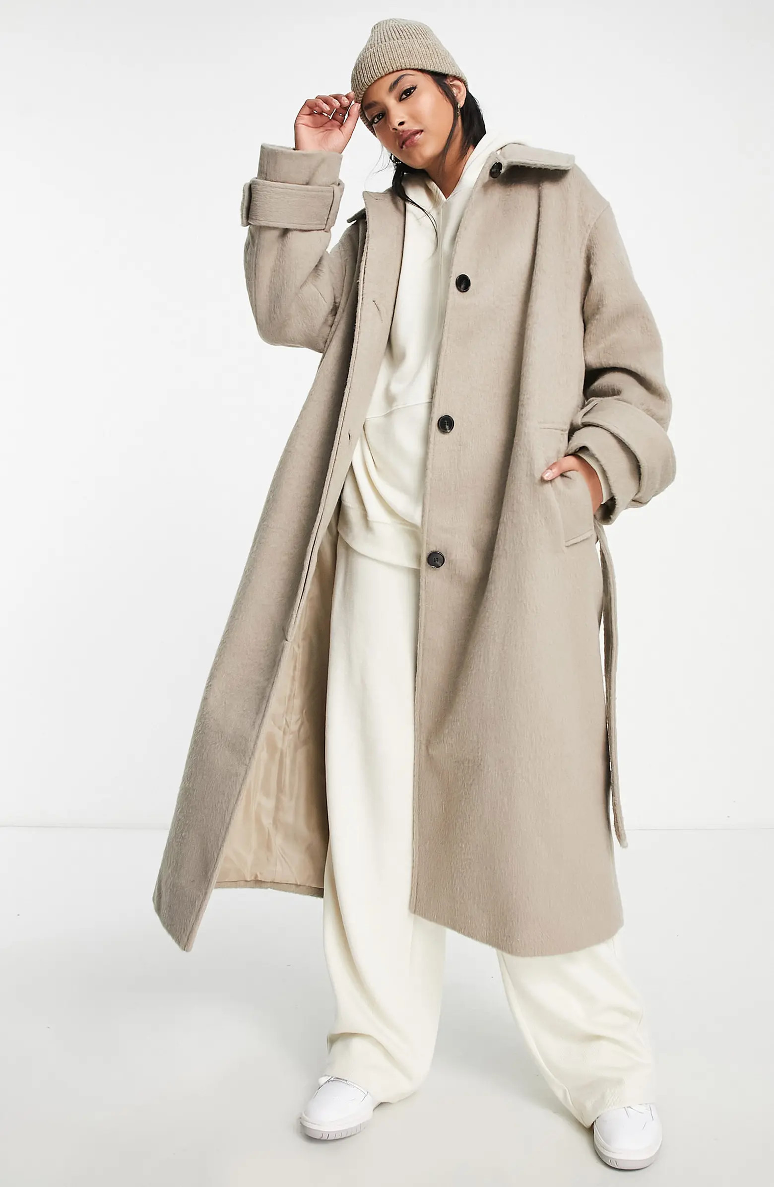 ASOS DESIGN Brushed Boyfriend Long Belted Coat | Nordstrom | Nordstrom