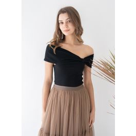 Side Knot Off-Shoulder Fitted Top in Black | Chicwish