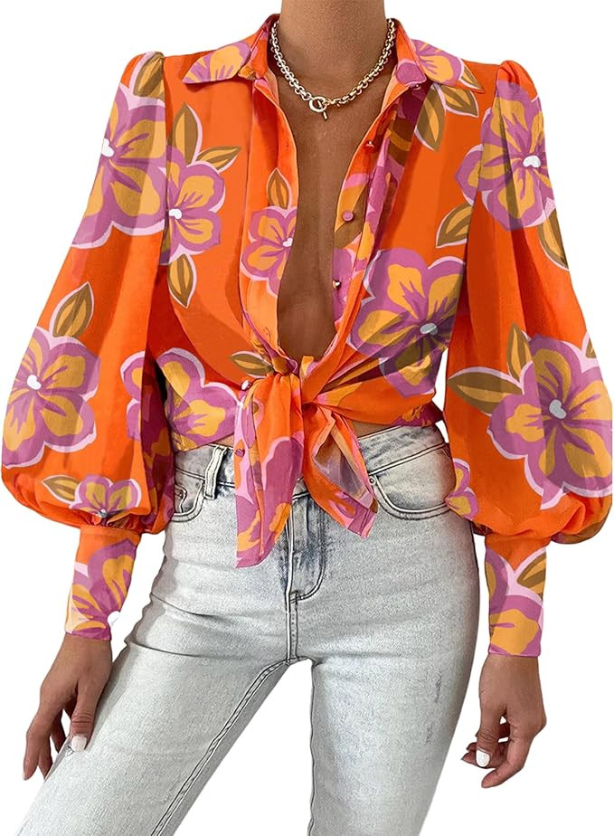 BTFBM Women Fashion Button Down Shirts 2026 V Neck Boho Printed Long Sleeve Blouses Dressy Casual... | Amazon (US)