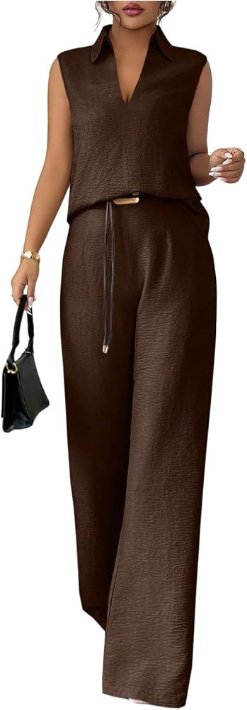 SweatyRocks Women's 2 Piece Summer Outfits Blouse and Belted Pants Sets | Amazon (US)