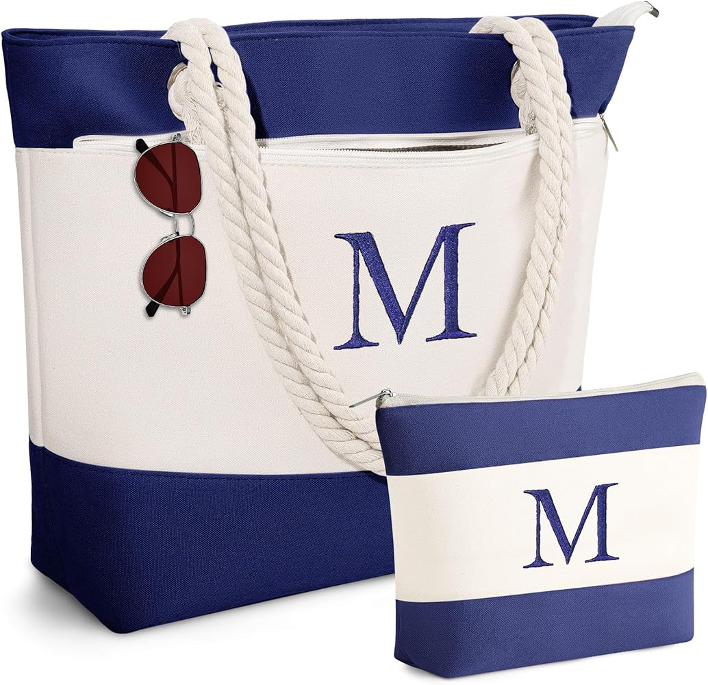 YOOLIFE Beach Bags for Women - Initial Canvas Waterproof Beach Tote Bag, Mothers Day Gifts for Wo... | Amazon (US)
