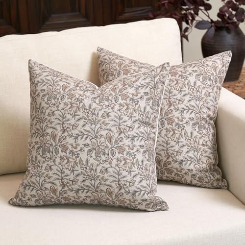 Amor Virisso Floral Throw Pillow Covers 18x18 Set of 2 Vintage Block Print Pillow Covers Decorative Pillow Covers Couch Pillows for Living Room Farmhouse Accent Sofa Pillows, Red/Sand | Amazon (US)