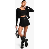 boohoo Women's Buckle Detail Pleated Mini Skirt in Black | Size: 2 | Bengaline | boohoo (US & Canada)