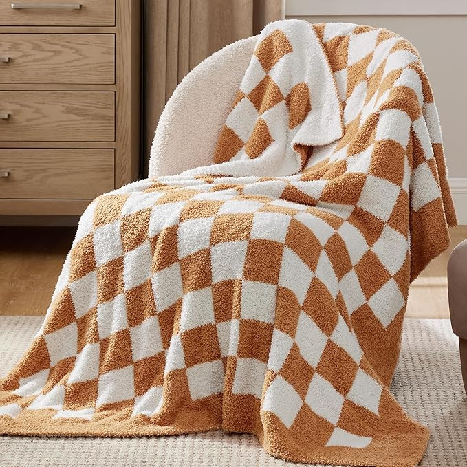 Bedsure Super Soft Knit Throw Blanket - Warm Cozy Reversible Checkerboard Camel Blanket, Fluffy F... | Amazon (US)