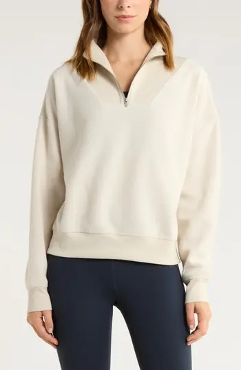 Zella Cozy Bouclé Quarter Zip Sweatshirt in Beige Seashore at Nordstrom Rack, Size Large | Nordstrom Rack