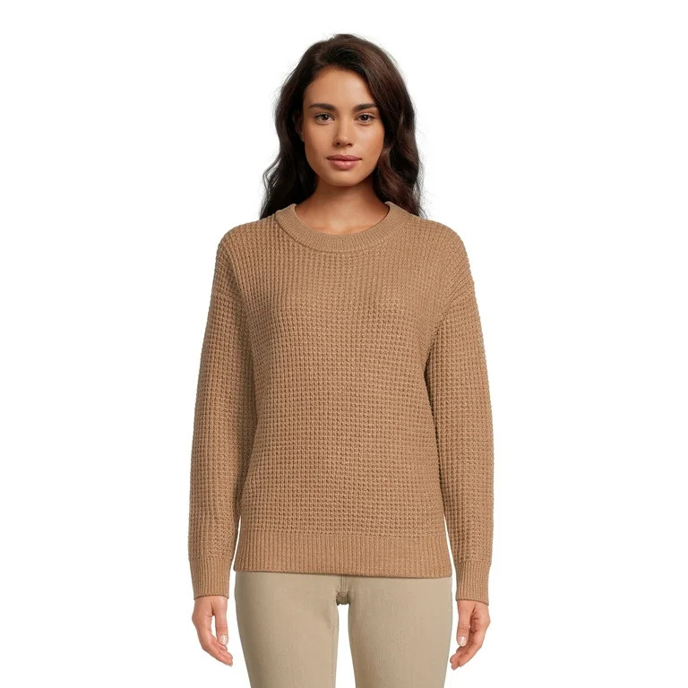 Time and Tru Women's Long Sleeve Waffle Crewneck Pullover Sweater | Walmart (US)