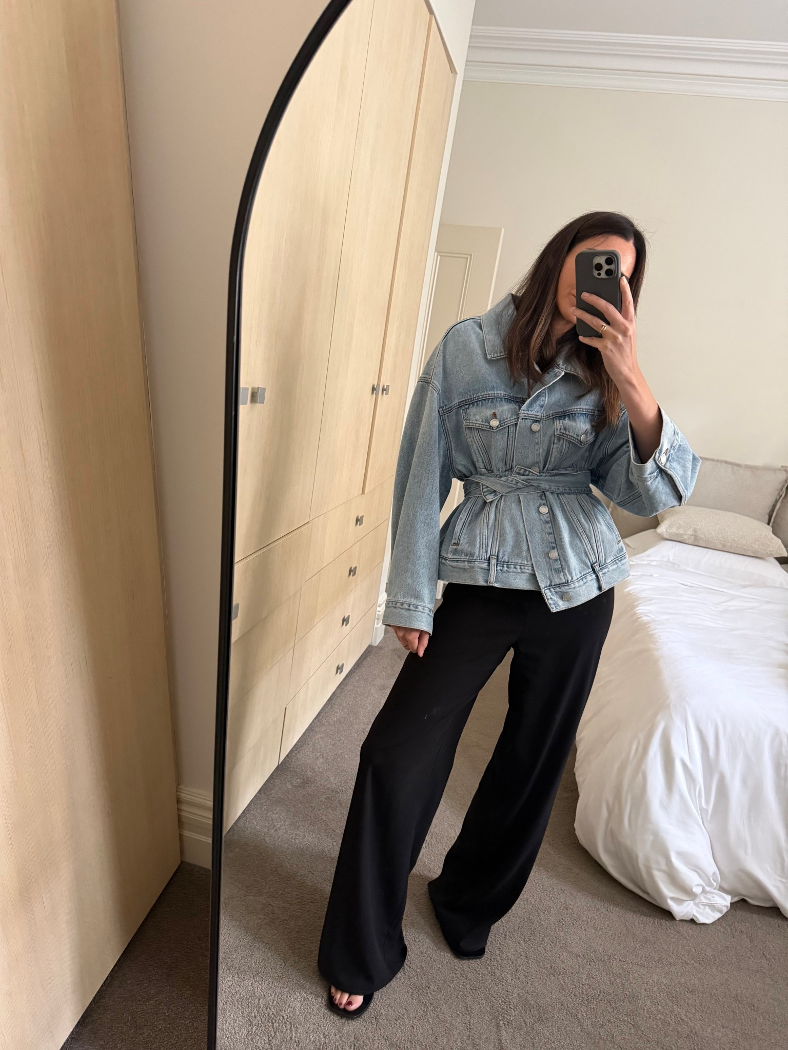 Oversized light blue denim jacket from Henne - with detachable waist tie
Black trousers by Harris tapper 
Black leather sandal by A emery 

#LTKstyletip #LTKaustralia #LTKautumn
