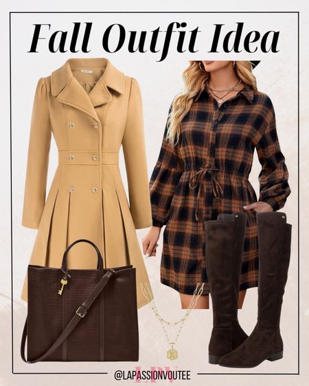 Embrace autumn elegance with a timeless trench coat, paired flawlessly with a chic plaid dress. The subtle warmth of chocolate-hued flat boots adds a cozy touch, while a leather tote and a delicate necklace complete the look. Effortless style meets fall finesse in this ensemble that dances with the season's hues.

#LTKSeasonal #LTKstyletip